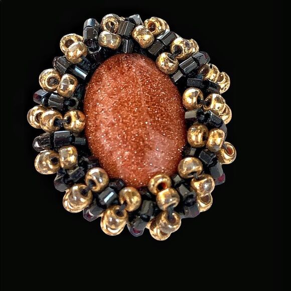 Vintage polished goldstone earrings with gold black glass beaded bezel … - Picture 7 of 7